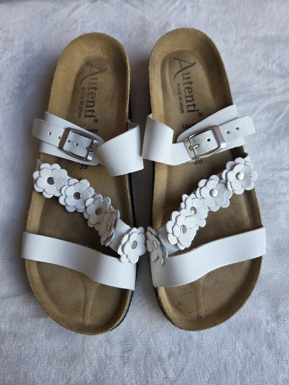 Autenti White Floral Leather Footbed Slide Sandals EU 39 US 8.5 Comfort - Picture 3 of 12
